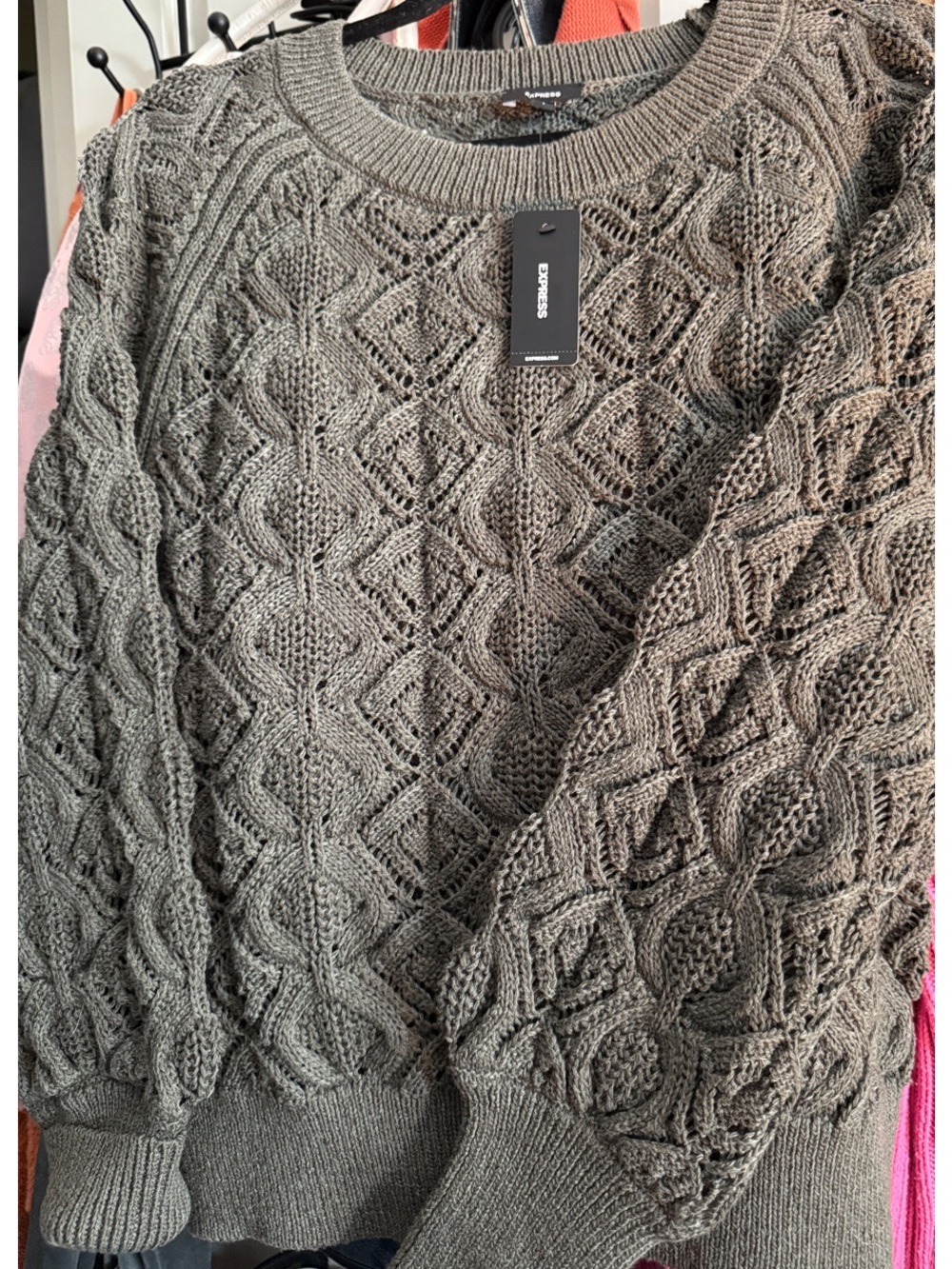 Express Olive Gray Cable Knit Crewneck Sweater